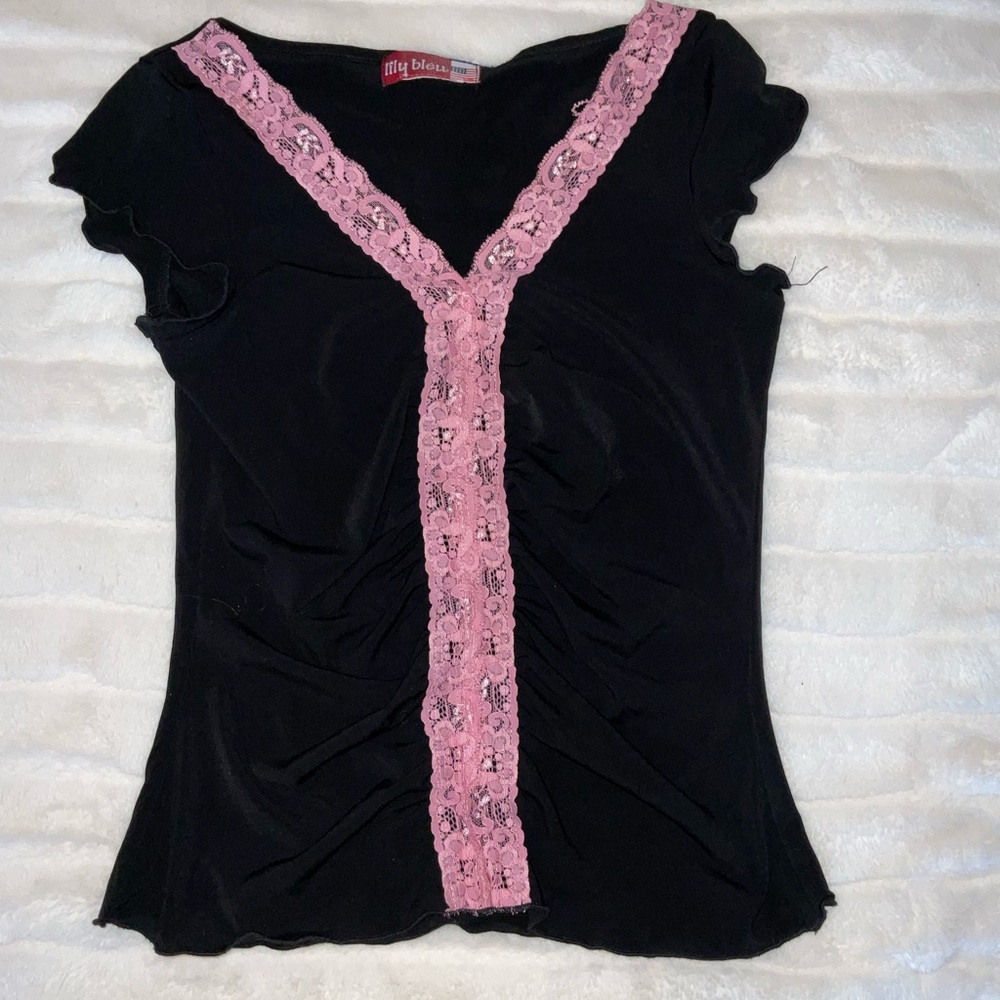 Lily bleu Black Top with Pink Lace Trim